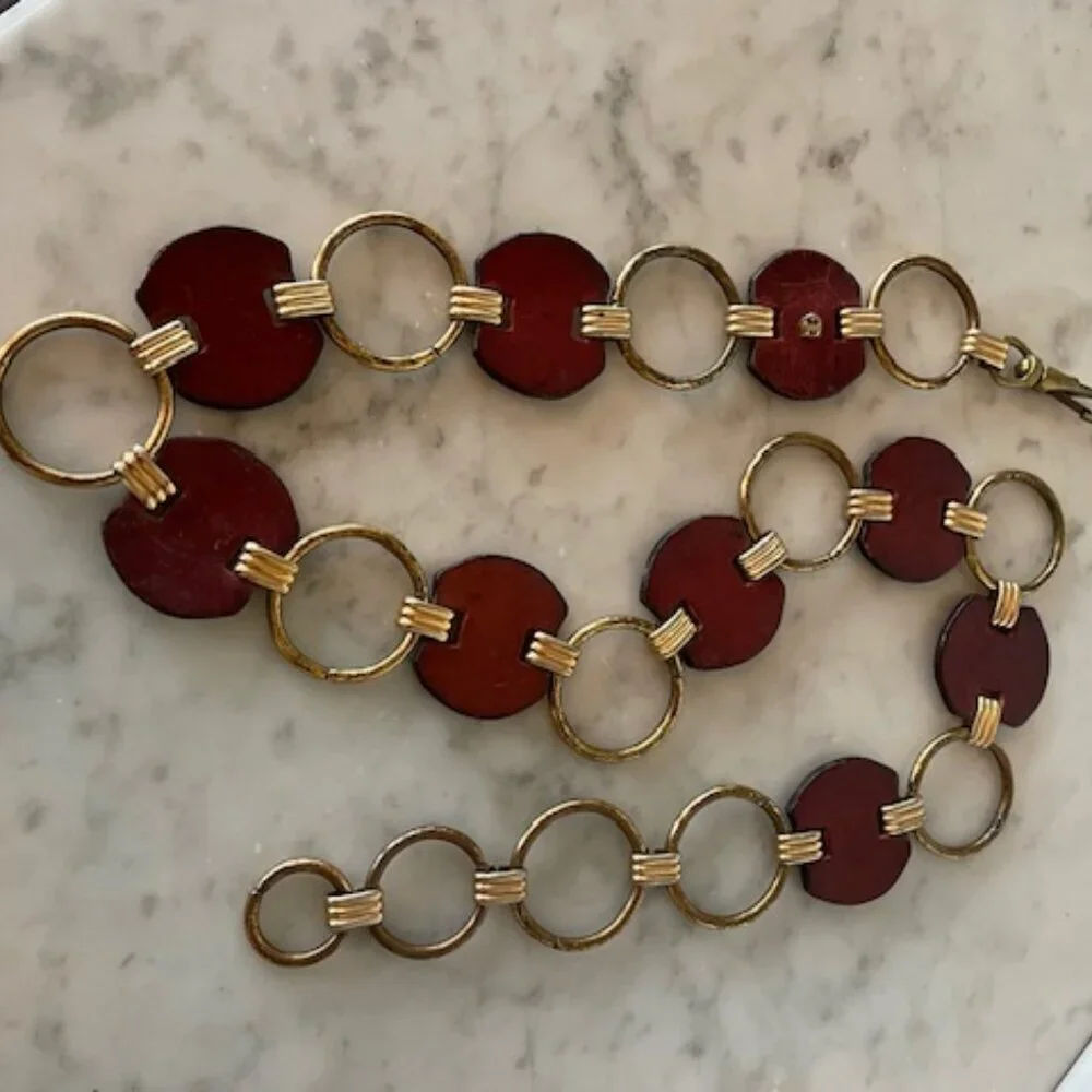 ETIENNE AIGNER Leather Gold Ring Signature Brown Vintage Belt 1515